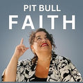Book cover of 'Pit Bull Faith' by Caradi Wells with a woman pointing upwards against a gray background.