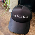 Black trucker hat with white “Pit Bull Faith” text, mesh back, adjustable snapback Christian cap.
